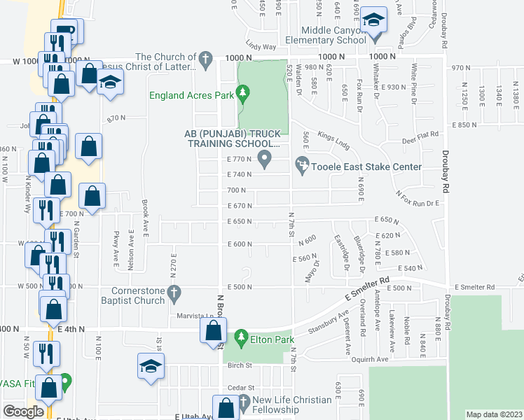 map of restaurants, bars, coffee shops, grocery stores, and more near 454 East 670 North in Tooele