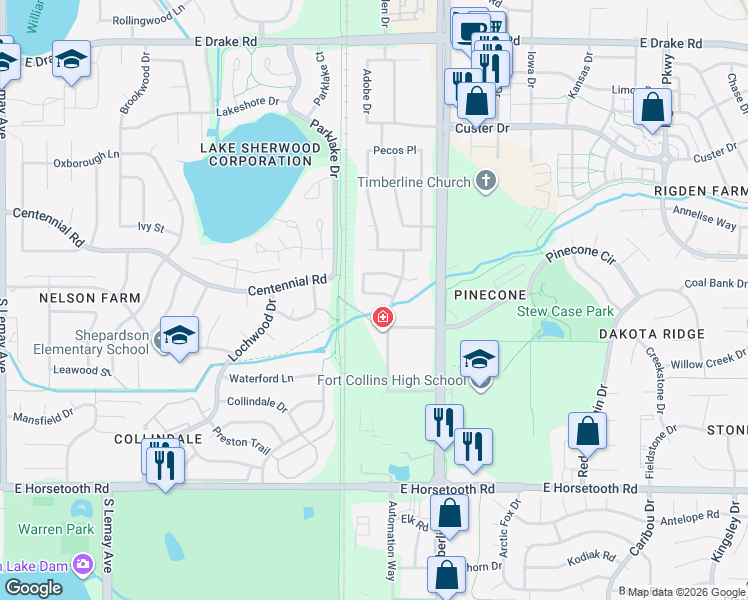 map of restaurants, bars, coffee shops, grocery stores, and more near 3221 Eastbrook Drive in Fort Collins
