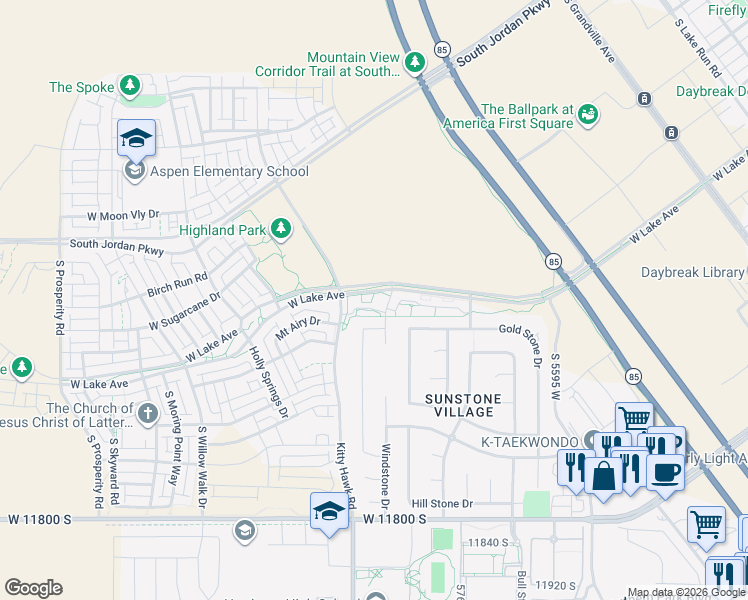 map of restaurants, bars, coffee shops, grocery stores, and more near 5908 Winterstone Lane in South Jordan