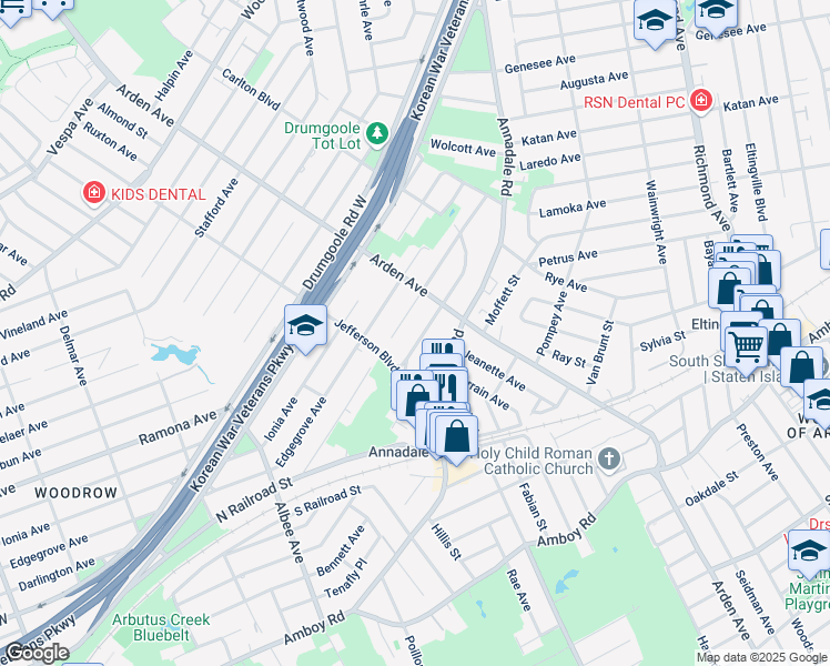 map of restaurants, bars, coffee shops, grocery stores, and more near 953 1/2 Carlton Boulevard in Staten Island