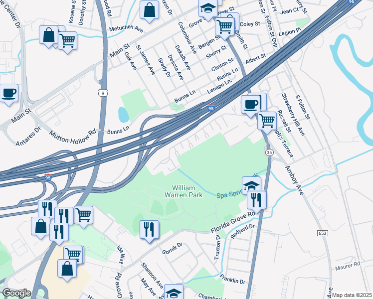 map of restaurants, bars, coffee shops, grocery stores, and more near 721 Cricket Lane in Woodbridge Township
