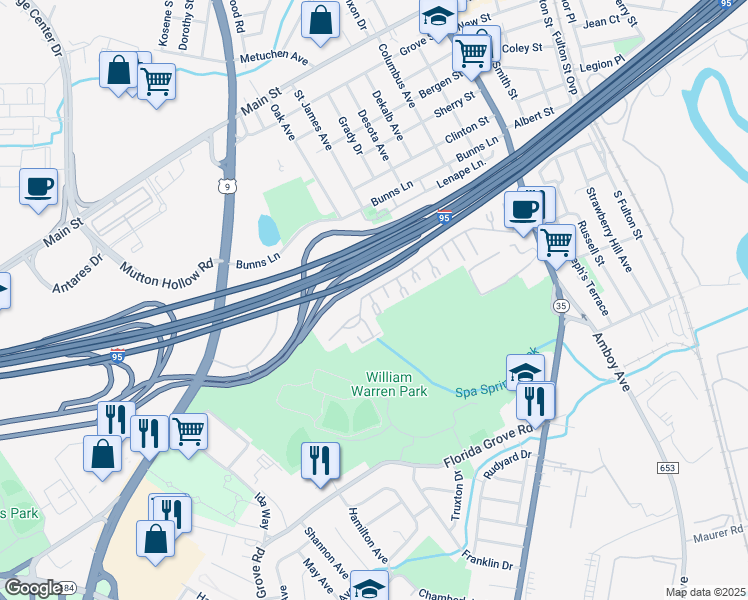 map of restaurants, bars, coffee shops, grocery stores, and more near 721 Cricket Lane in Woodbridge Township