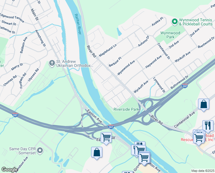 map of restaurants, bars, coffee shops, grocery stores, and more near 81 Birchview Drive in Piscataway