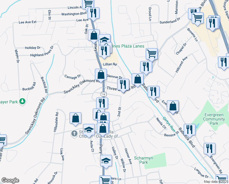 map of restaurants, bars, coffee shops, grocery stores, and more near 114 1/2 Reel Avenue in Pittsburgh