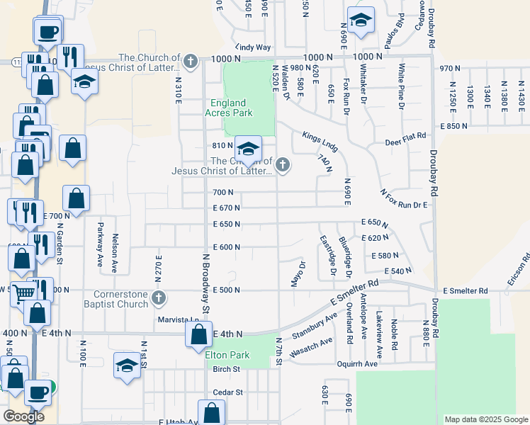 map of restaurants, bars, coffee shops, grocery stores, and more near 494 East 670 North in Tooele