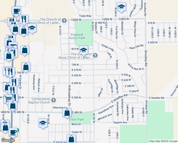 map of restaurants, bars, coffee shops, grocery stores, and more near 494 East 670 North in Tooele