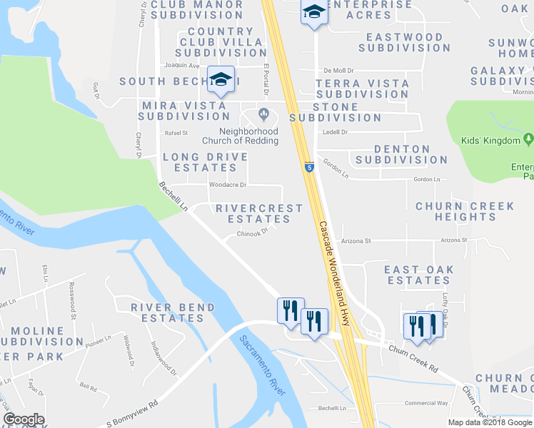 map of restaurants, bars, coffee shops, grocery stores, and more near 752 Rivercrest Parkway in Redding
