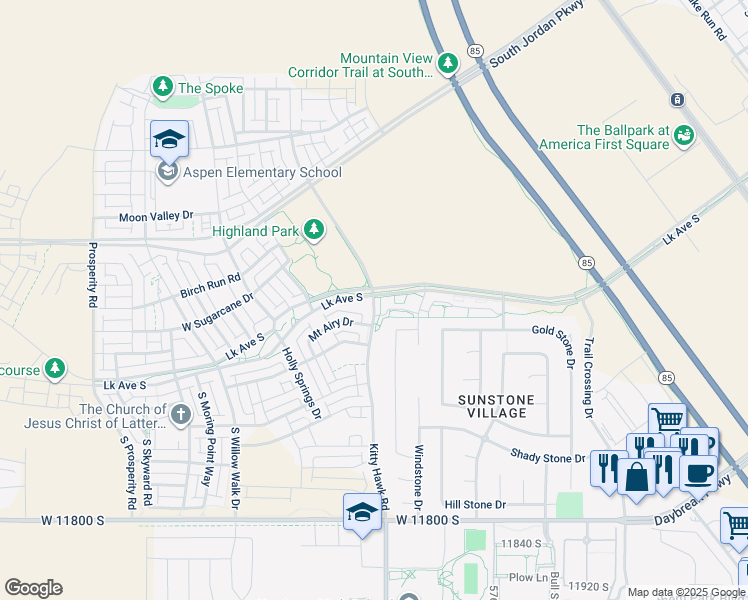 map of restaurants, bars, coffee shops, grocery stores, and more near Kitty Hawk Road in South Jordan
