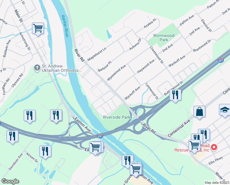 map of restaurants, bars, coffee shops, grocery stores, and more near 410 River Road in Piscataway