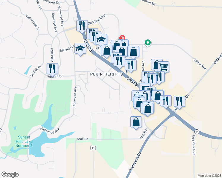 map of restaurants, bars, coffee shops, grocery stores, and more near 212 Hillside Court in Pekin