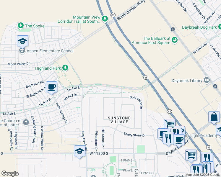 map of restaurants, bars, coffee shops, grocery stores, and more near 5807 West Lake Avenue in South Jordan