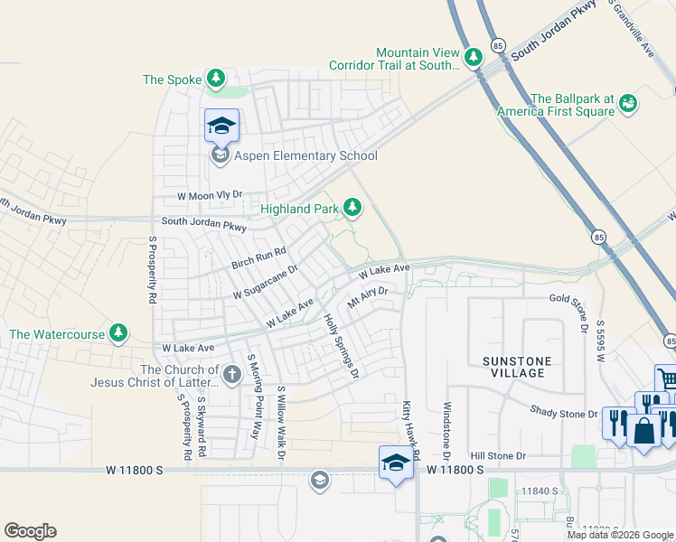 map of restaurants, bars, coffee shops, grocery stores, and more near 6122 West Lake Avenue in South Jordan