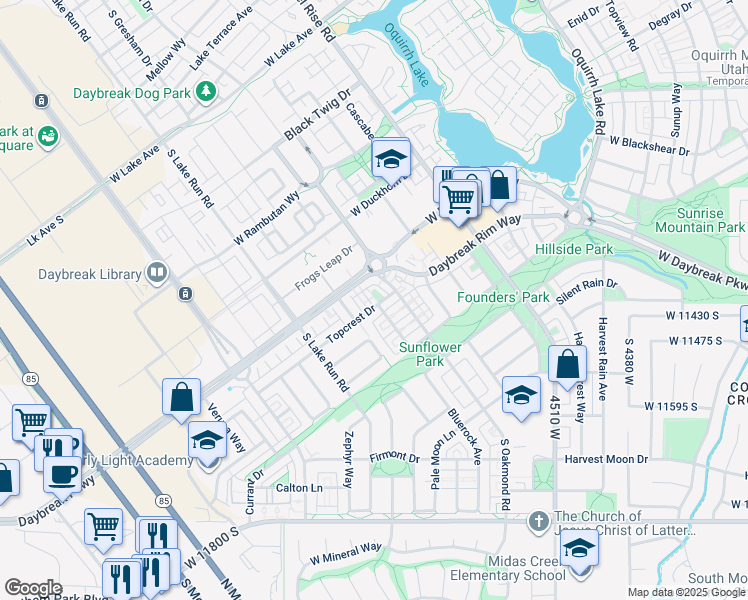 map of restaurants, bars, coffee shops, grocery stores, and more near 11407 Oswego Lane in South Jordan