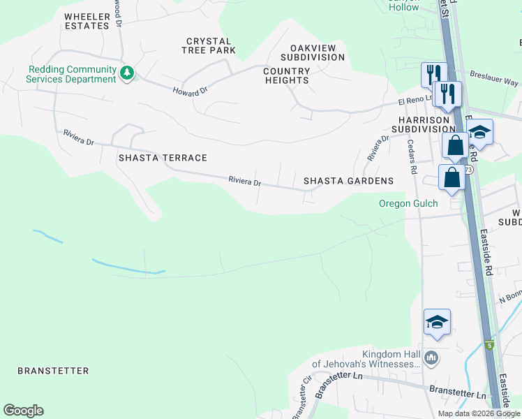 map of restaurants, bars, coffee shops, grocery stores, and more near 1742 Kenyon Dr in Redding