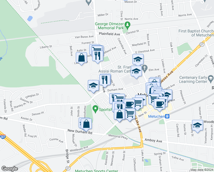 map of restaurants, bars, coffee shops, grocery stores, and more near 157 Durham Avenue in Metuchen