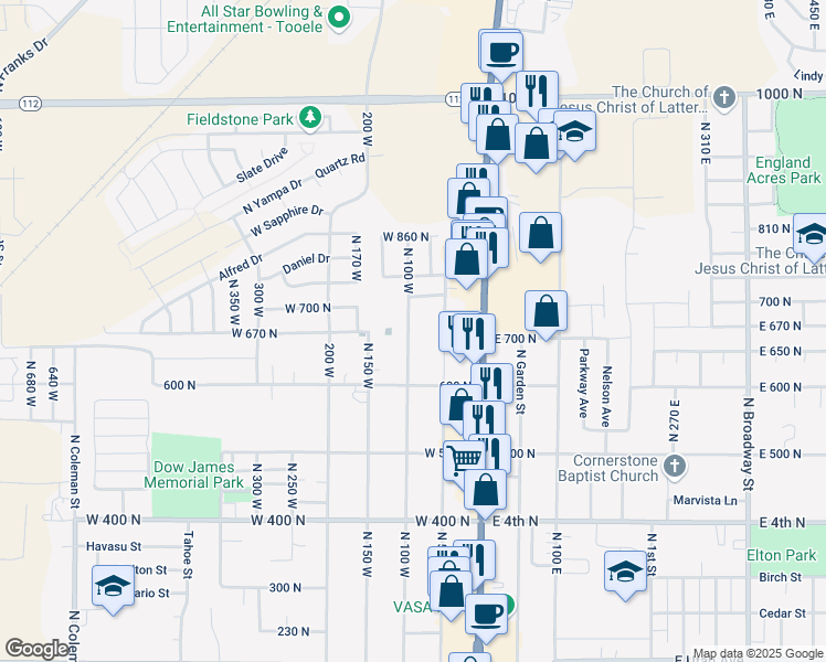 map of restaurants, bars, coffee shops, grocery stores, and more near 630 North 100 West in Tooele