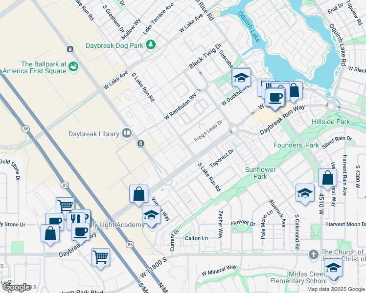 map of restaurants, bars, coffee shops, grocery stores, and more near 11398 South Lake Run Road in South Jordan