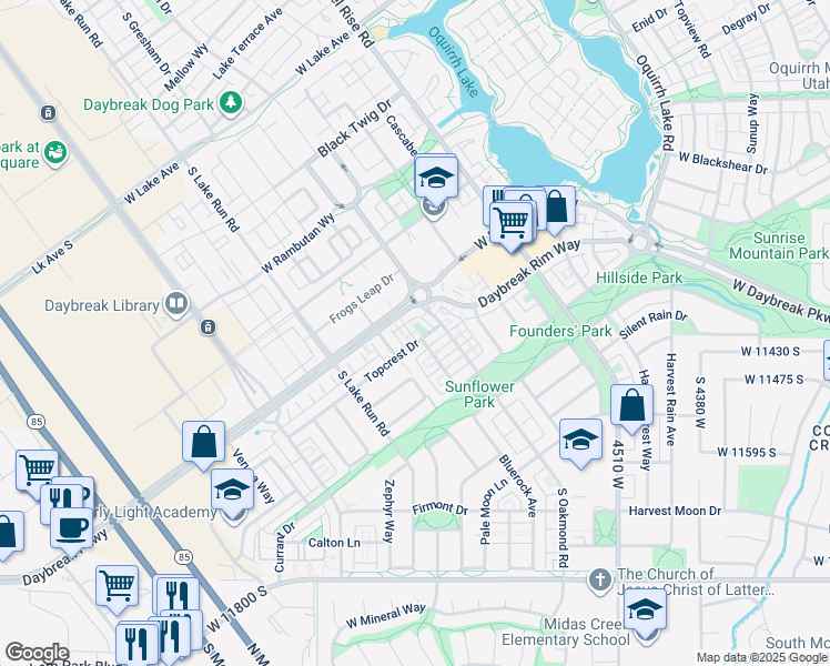 map of restaurants, bars, coffee shops, grocery stores, and more near 4853 Topcrest Drive in South Jordan