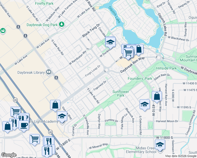 map of restaurants, bars, coffee shops, grocery stores, and more near 4911 West Daybreak Parkway in South Jordan