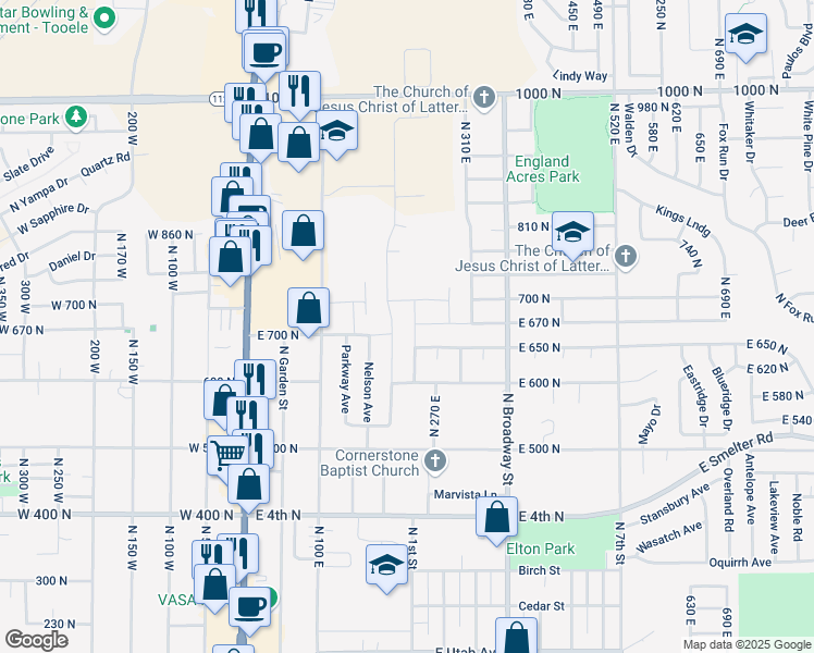 map of restaurants, bars, coffee shops, grocery stores, and more near 646 Eastcrest Avenue in Tooele