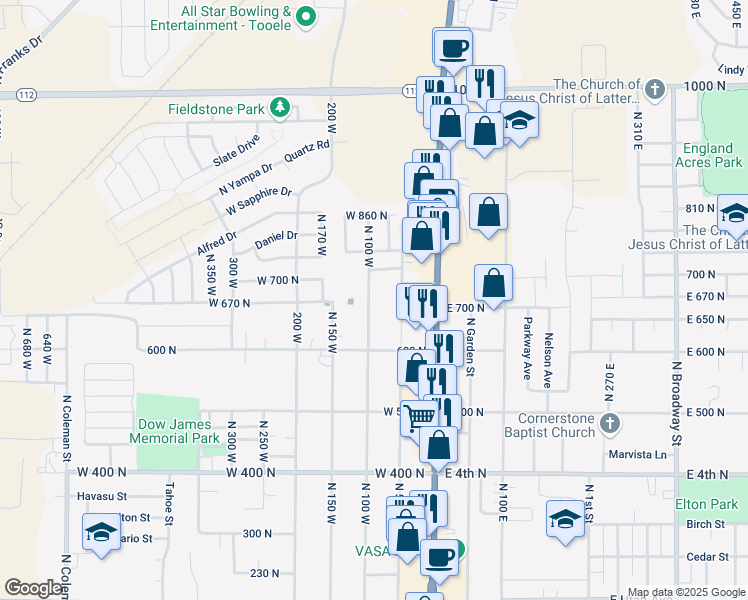 map of restaurants, bars, coffee shops, grocery stores, and more near 630 North 100 West in Tooele