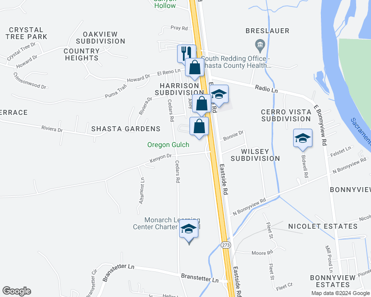 map of restaurants, bars, coffee shops, grocery stores, and more near 2211 Kenyon Drive in Redding