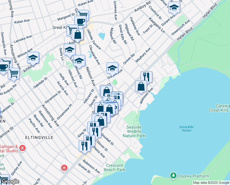 map of restaurants, bars, coffee shops, grocery stores, and more near 3943 Hylan Boulevard in Staten Island