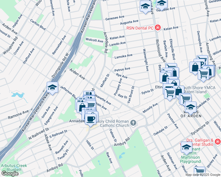 map of restaurants, bars, coffee shops, grocery stores, and more near 490 Pompey Avenue in Staten Island