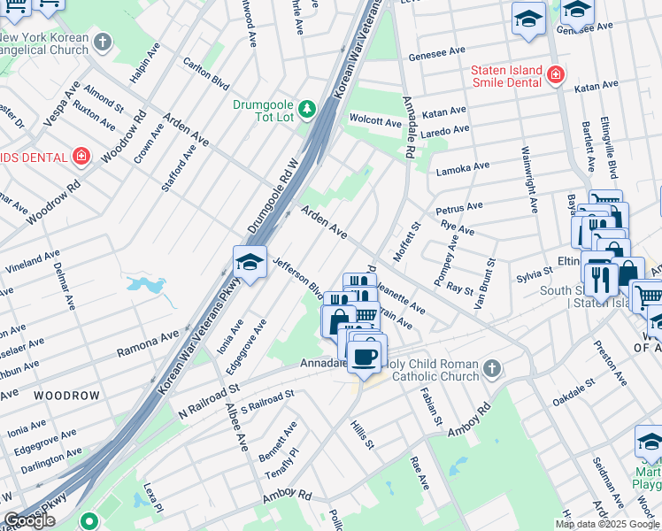 map of restaurants, bars, coffee shops, grocery stores, and more near 953 1/2 Carlton Boulevard in Staten Island