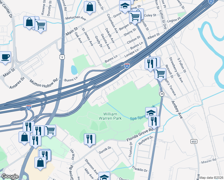 map of restaurants, bars, coffee shops, grocery stores, and more near 721 Cricket Lane in Woodbridge Township