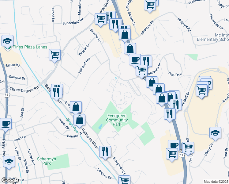 map of restaurants, bars, coffee shops, grocery stores, and more near 186 Birch Court in Pittsburgh