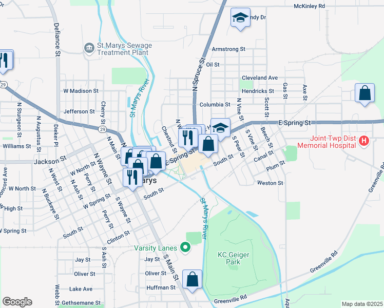 map of restaurants, bars, coffee shops, grocery stores, and more near 140 South Chestnut Street in Saint Marys