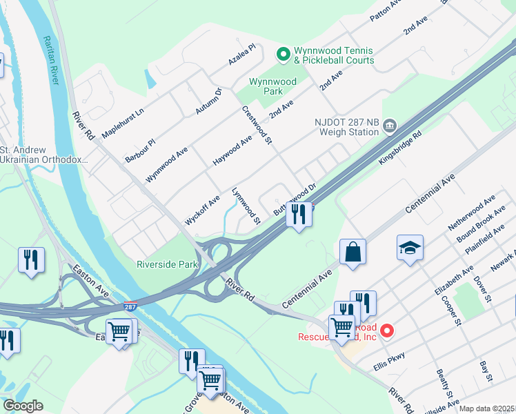 map of restaurants, bars, coffee shops, grocery stores, and more near 9 Knollwood Street in Piscataway