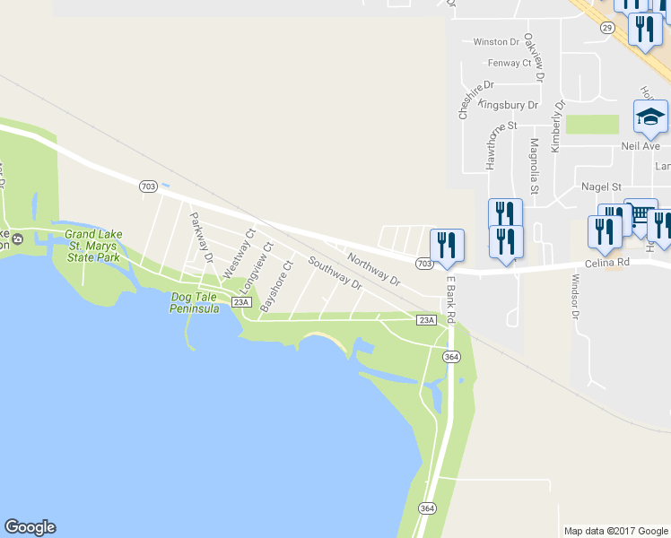 map of restaurants, bars, coffee shops, grocery stores, and more near 406 Southway Drive in Saint Marys