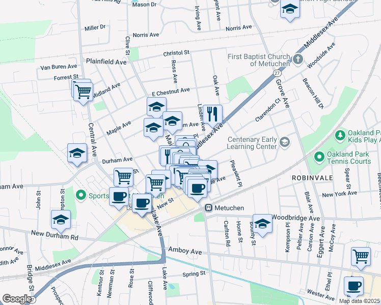 map of restaurants, bars, coffee shops, grocery stores, and more near Middlesex Avenue in Metuchen