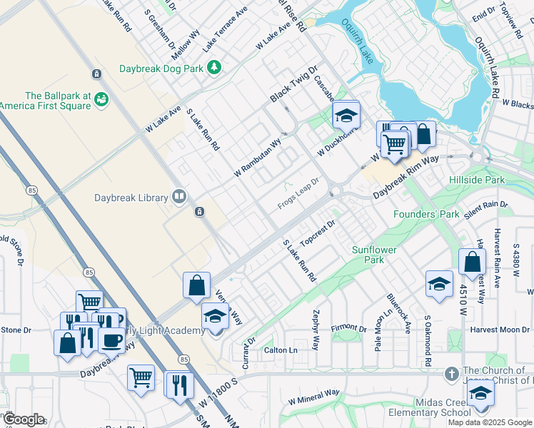 map of restaurants, bars, coffee shops, grocery stores, and more near 11362 Lake Run Road in South Jordan