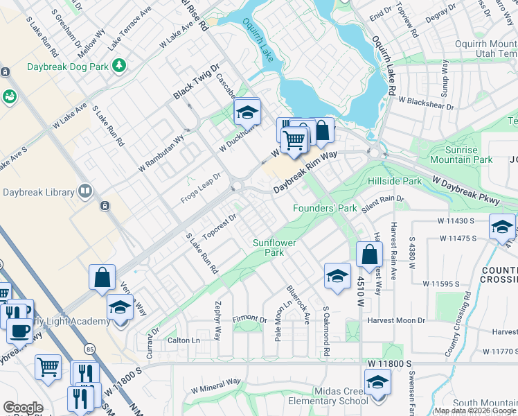 map of restaurants, bars, coffee shops, grocery stores, and more near 11401 Oakmond Road in South Jordan