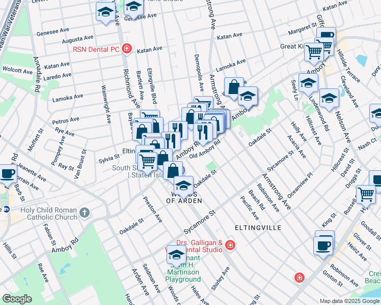 map of restaurants, bars, coffee shops, grocery stores, and more near 4385 Amboy Road in Staten Island