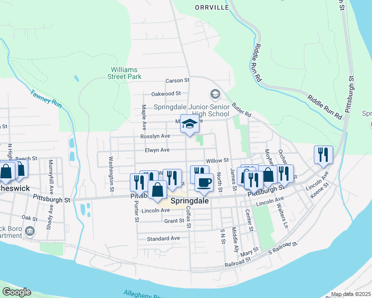 map of restaurants, bars, coffee shops, grocery stores, and more near 430 Colfax Street in Springdale