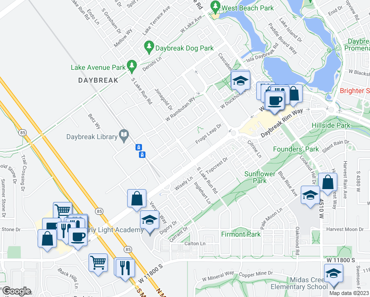 map of restaurants, bars, coffee shops, grocery stores, and more near 11362 Lake Run Road in South Jordan