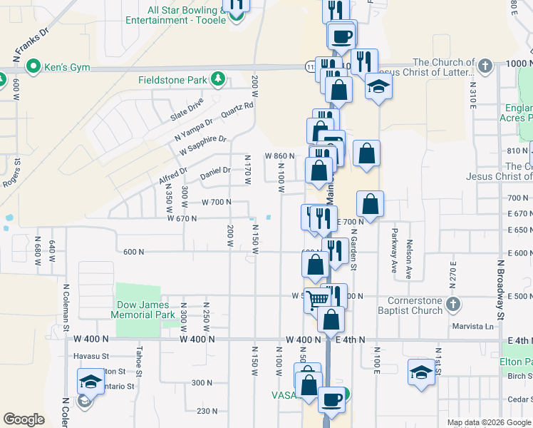 map of restaurants, bars, coffee shops, grocery stores, and more near 135 West 780 North in Tooele