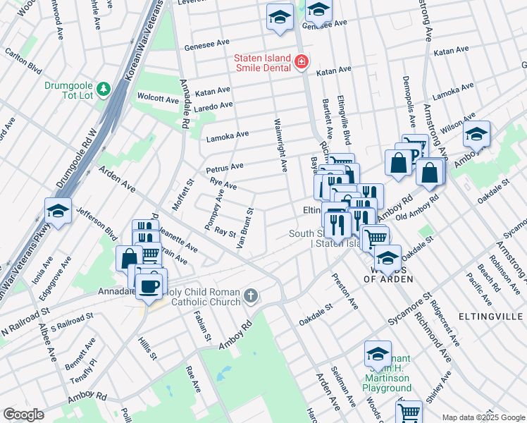 map of restaurants, bars, coffee shops, grocery stores, and more near 46 Rye Avenue in Staten Island
