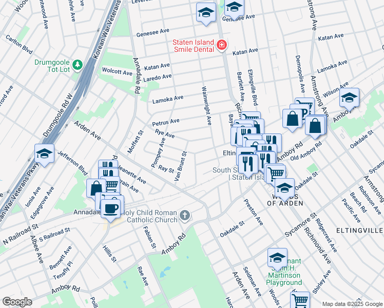 map of restaurants, bars, coffee shops, grocery stores, and more near 46 Rye Avenue in Staten Island