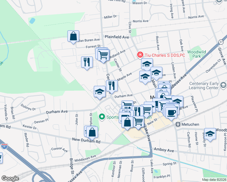 map of restaurants, bars, coffee shops, grocery stores, and more near 176 Central Avenue in Metuchen