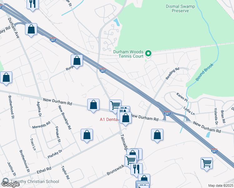 map of restaurants, bars, coffee shops, grocery stores, and more near 421 Waterford Drive in Edison