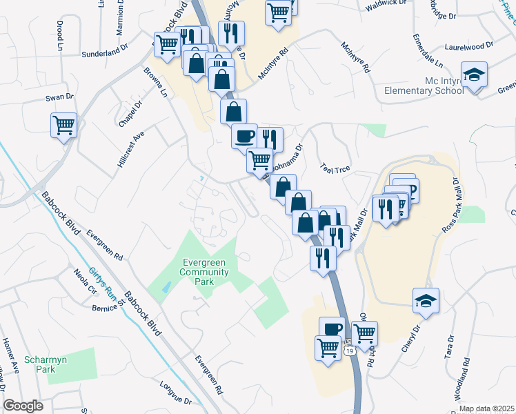 map of restaurants, bars, coffee shops, grocery stores, and more near 2108 Charlemagne Circle in Pittsburgh