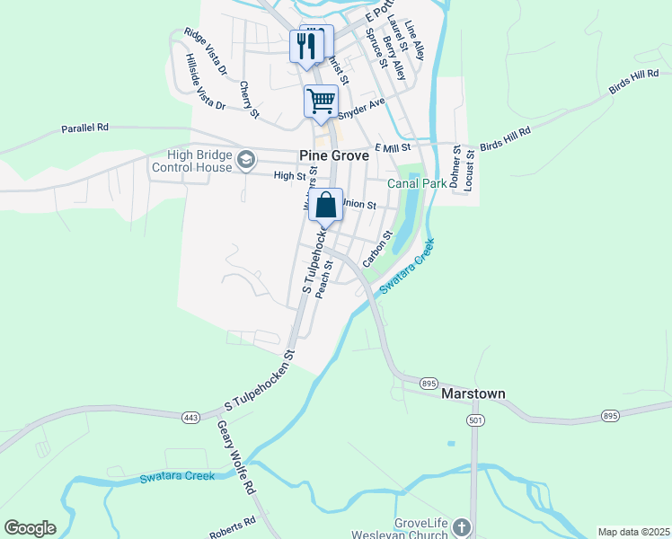map of restaurants, bars, coffee shops, grocery stores, and more near 110 Mifflin Street in Pine Grove