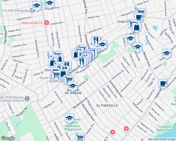 map of restaurants, bars, coffee shops, grocery stores, and more near 4346 Amboy Road in Staten Island