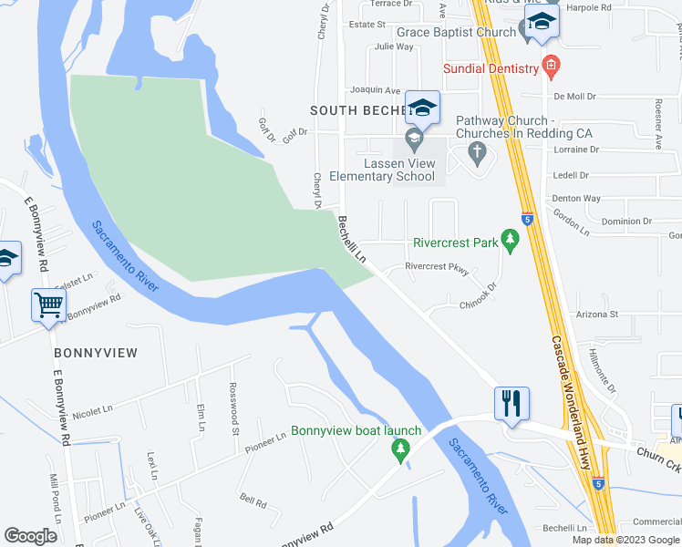 map of restaurants, bars, coffee shops, grocery stores, and more near 4200 Bechelli Lane in Redding