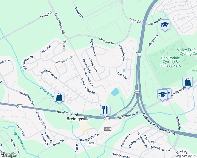 map of restaurants, bars, coffee shops, grocery stores, and more near 1076 Kingston Lane in Breinigsville